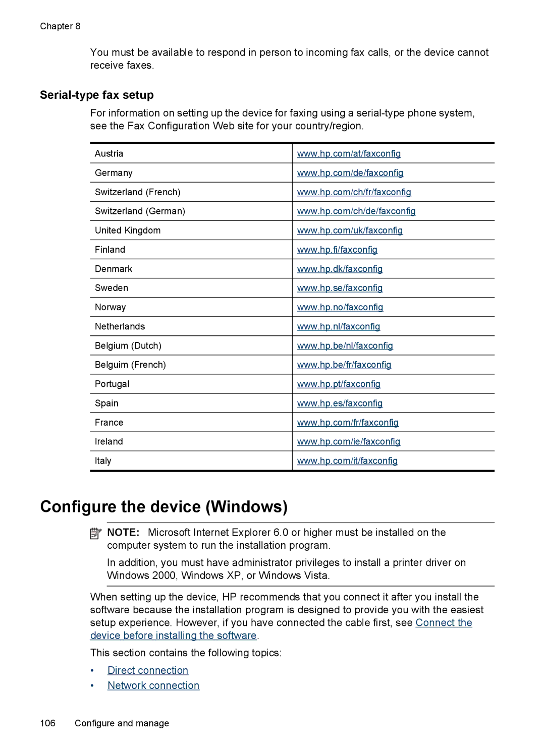 HP J6400 manual Configure the device Windows, Serial-type fax setup 