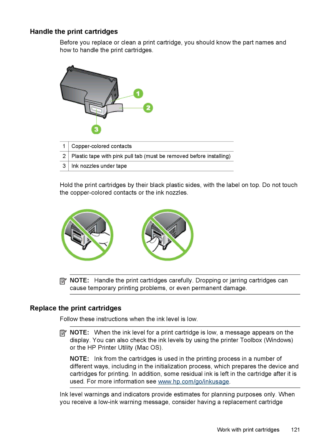 HP J6400 manual Handle the print cartridges, Replace the print cartridges 