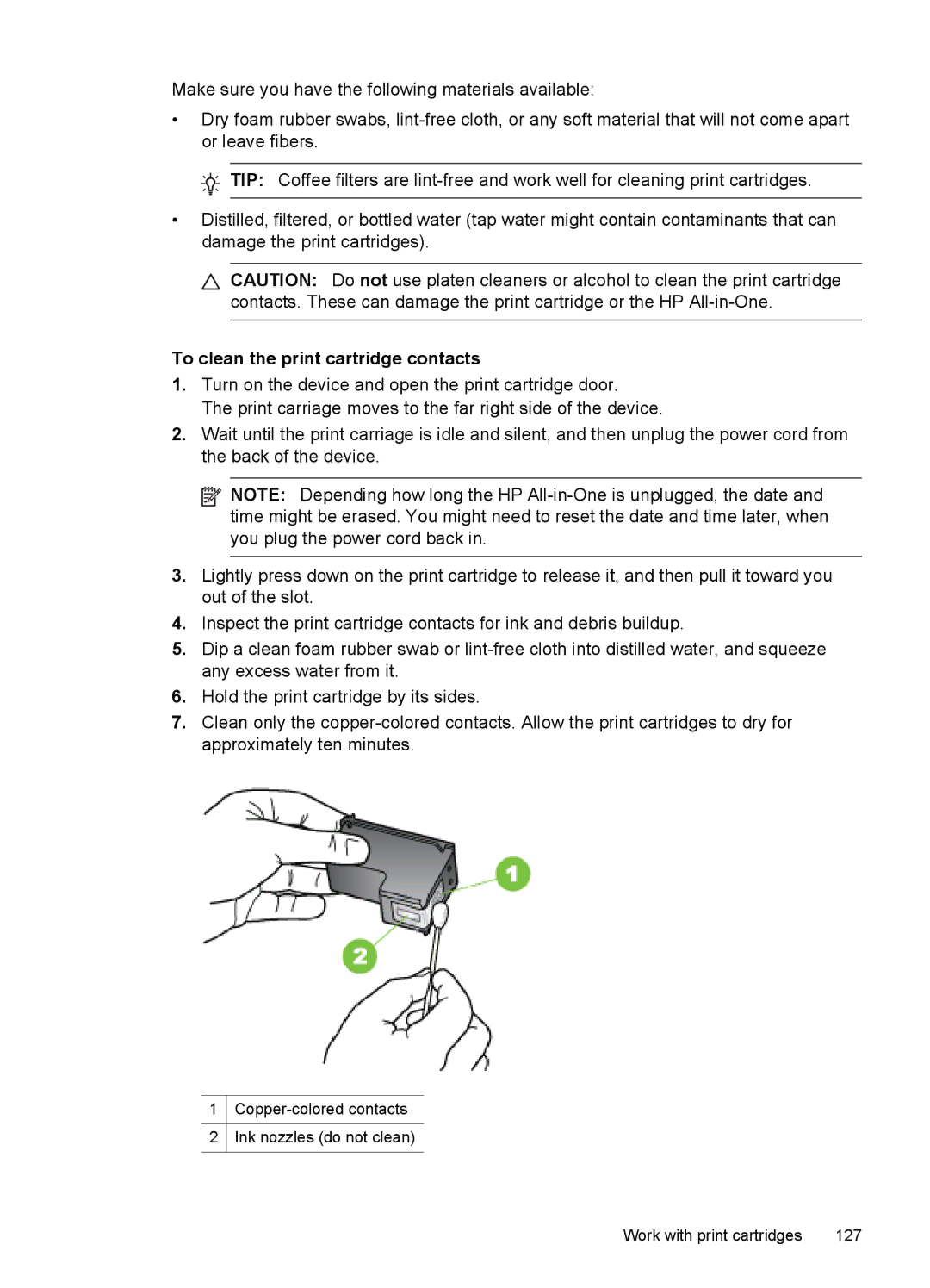 HP J6400 manual To clean the print cartridge contacts 