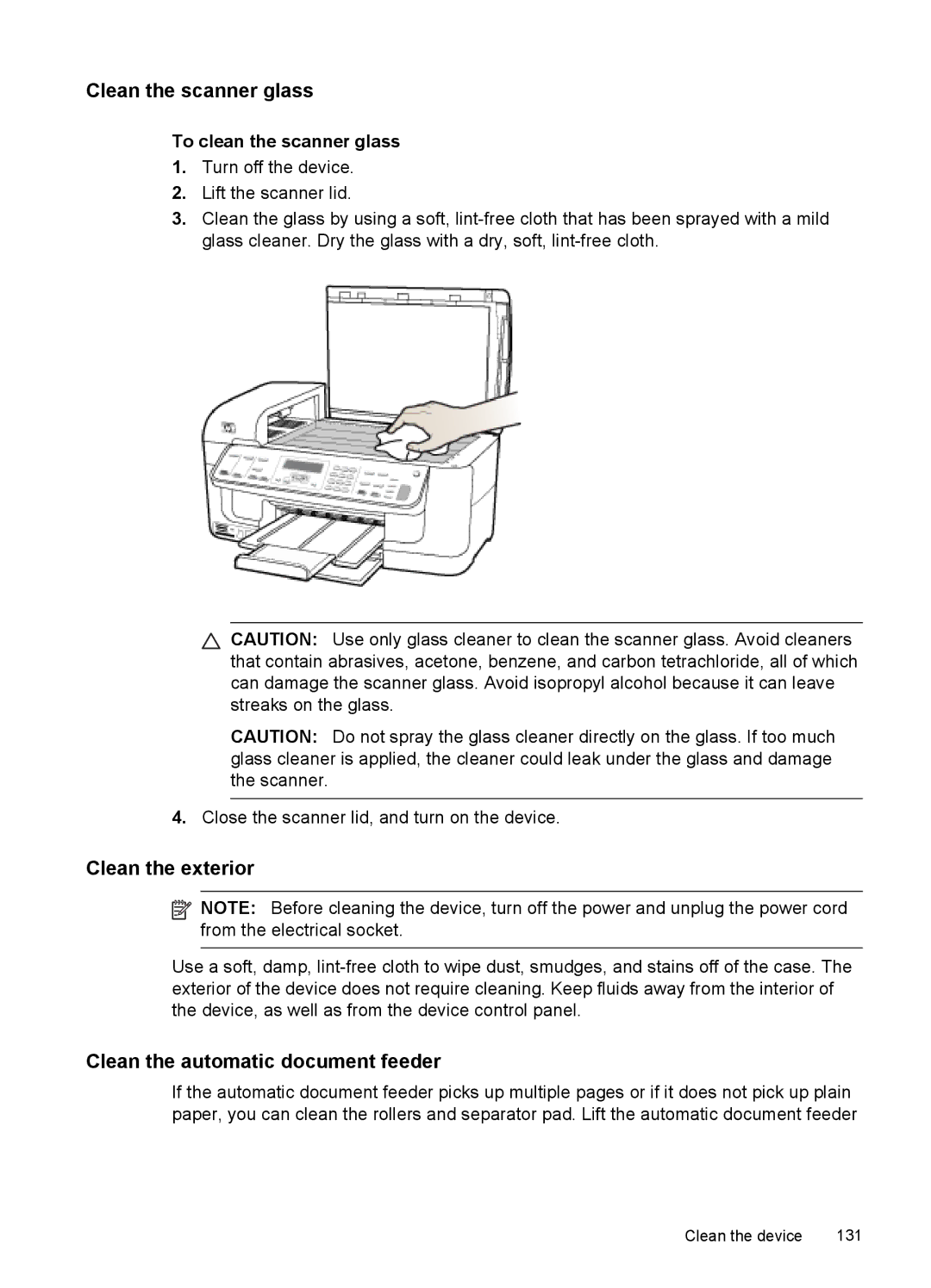 HP J6400 Clean the scanner glass, Clean the exterior, Clean the automatic document feeder, To clean the scanner glass 