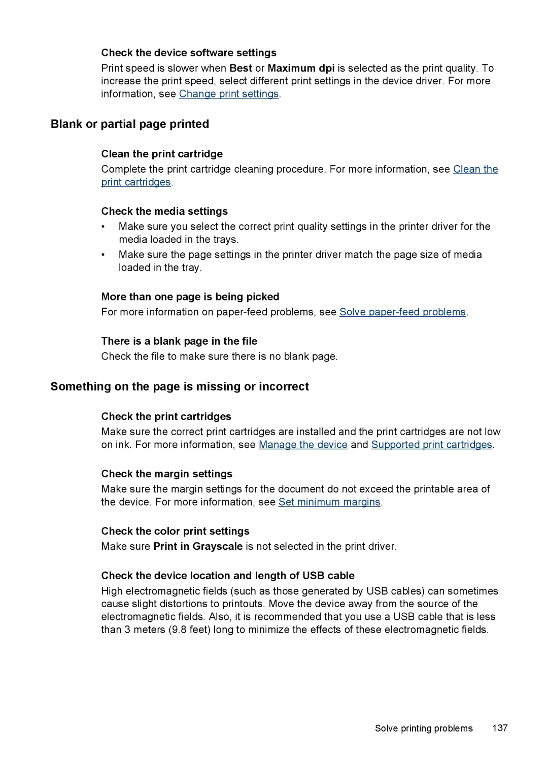 HP J6400 manual Blank or partial page printed, Something on the page is missing or incorrect 