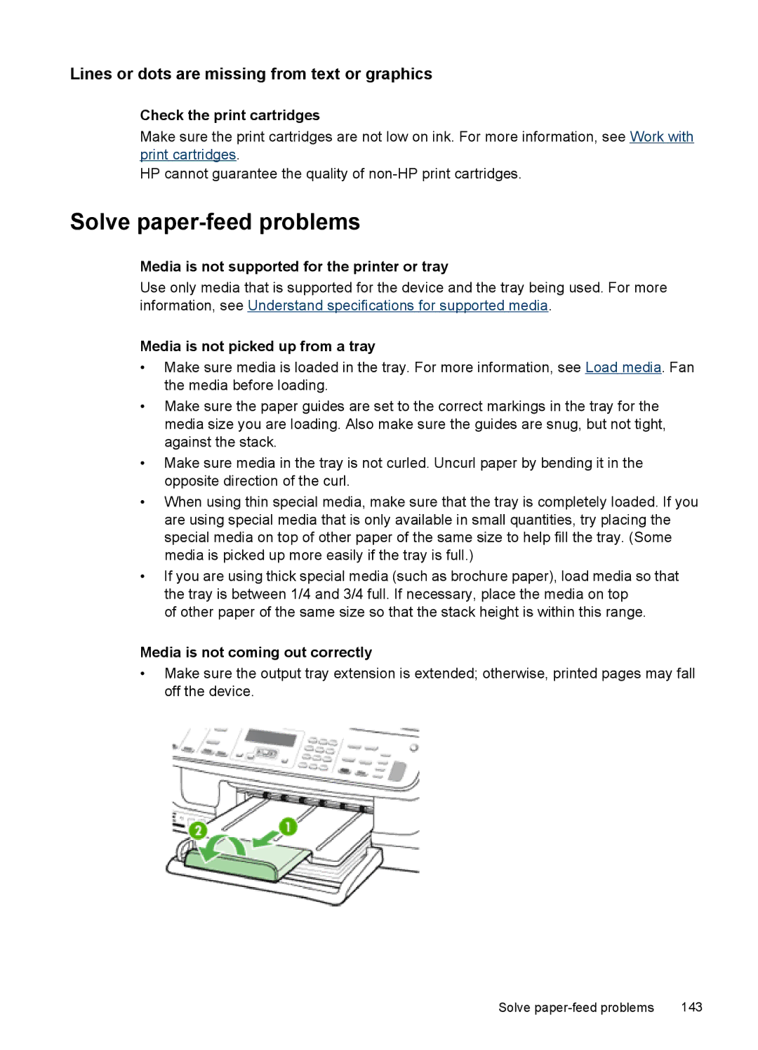 HP J6400 Solve paper-feed problems, Lines or dots are missing from text or graphics, Media is not picked up from a tray 