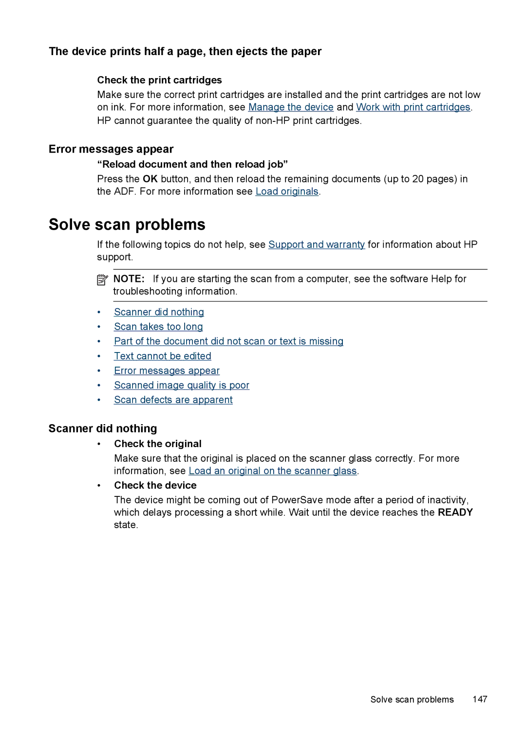 HP J6400 manual Solve scan problems, Error messages appear, Scanner did nothing, Reload document and then reload job 