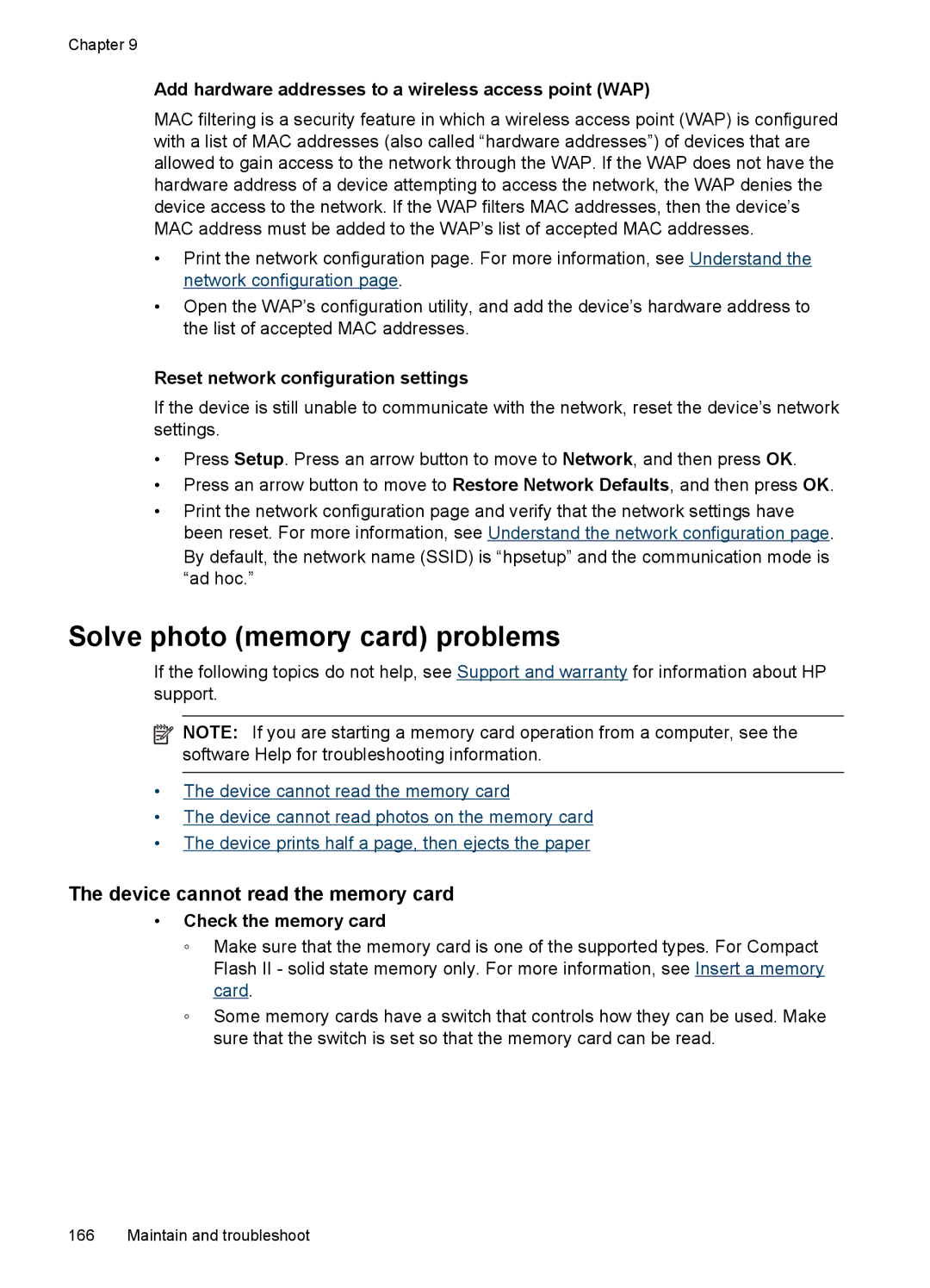 HP J6400 manual Solve photo memory card problems, Device cannot read the memory card, Reset network configuration settings 