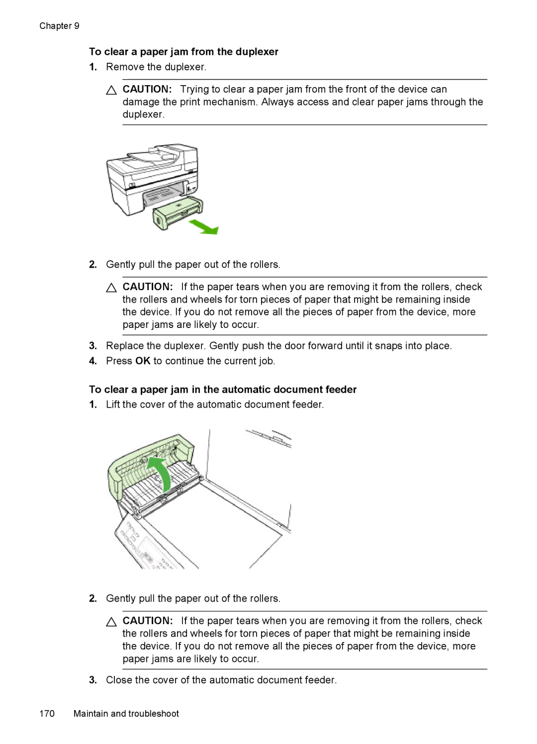 HP J6400 manual To clear a paper jam from the duplexer, To clear a paper jam in the automatic document feeder 