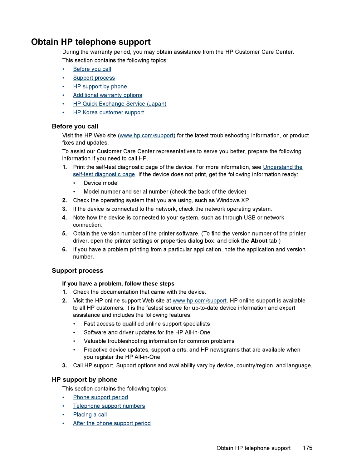 HP J6400 manual Obtain HP telephone support, Before you call, Support process, HP support by phone 