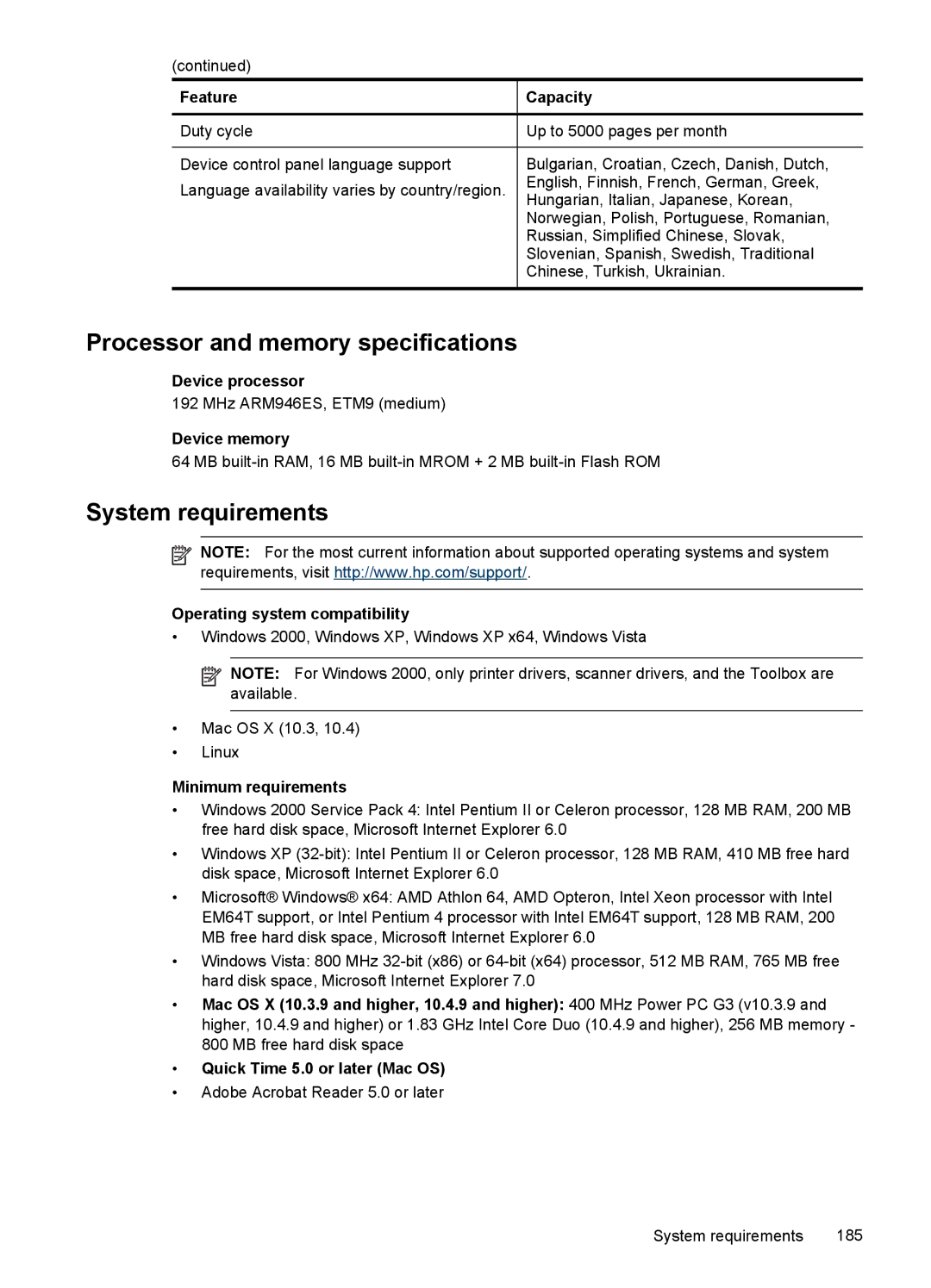 HP J6400 manual Processor and memory specifications, System requirements 