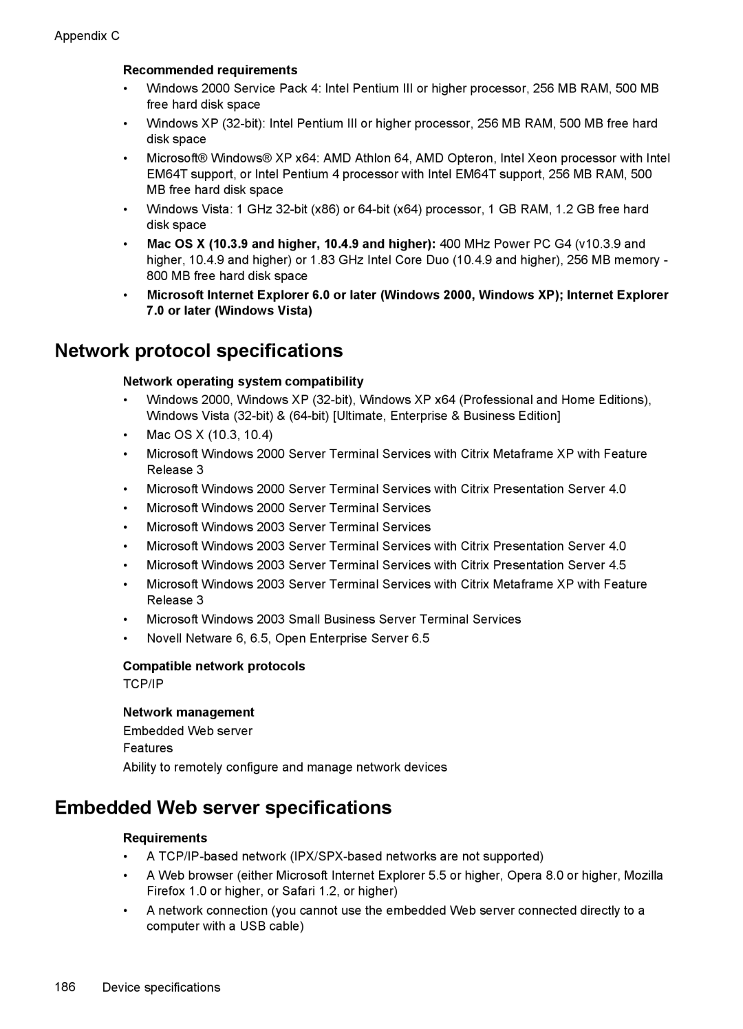 HP J6400 manual Network protocol specifications, Embedded Web server specifications 