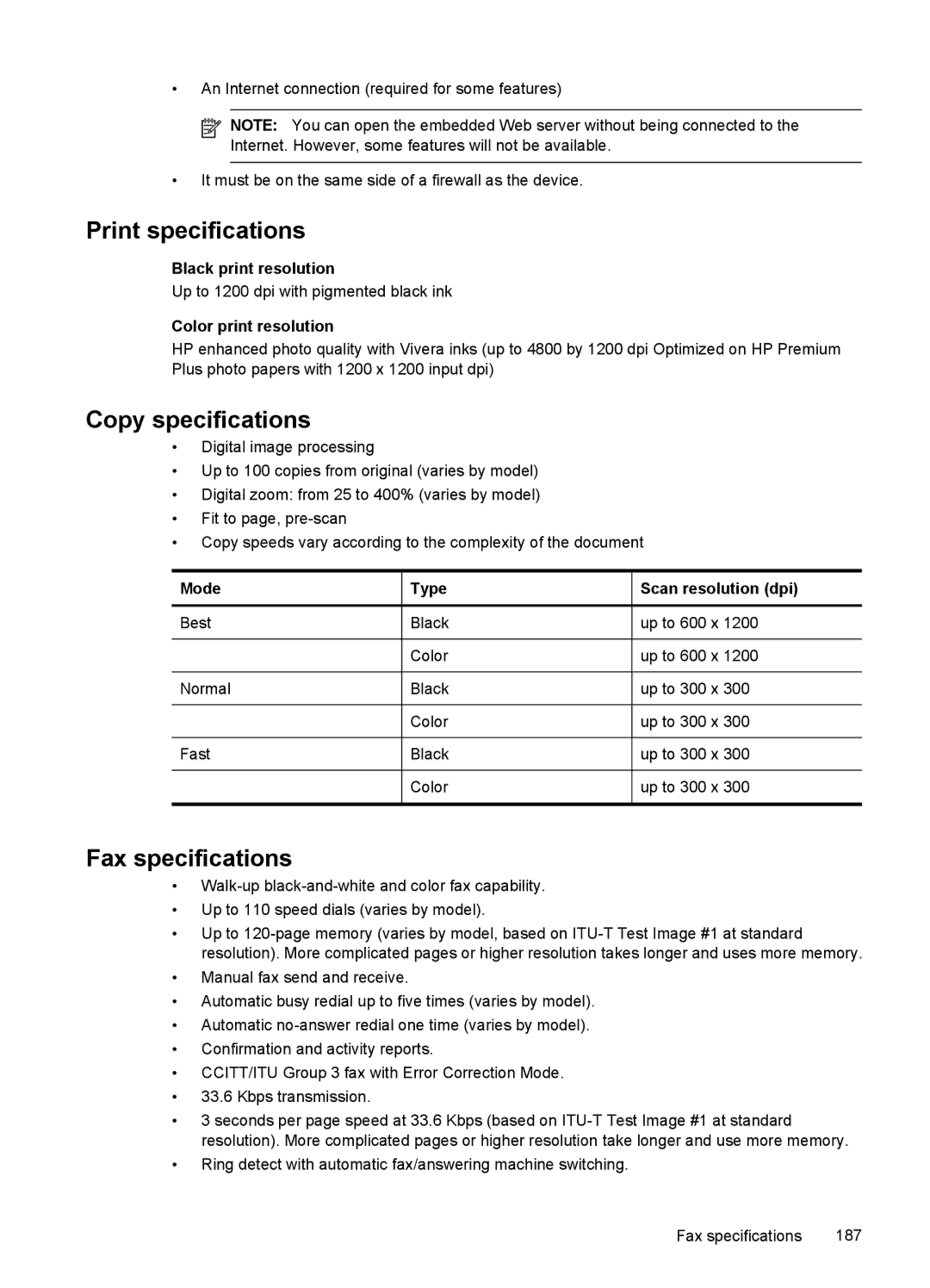 HP J6400 manual Print specifications, Copy specifications, Fax specifications 