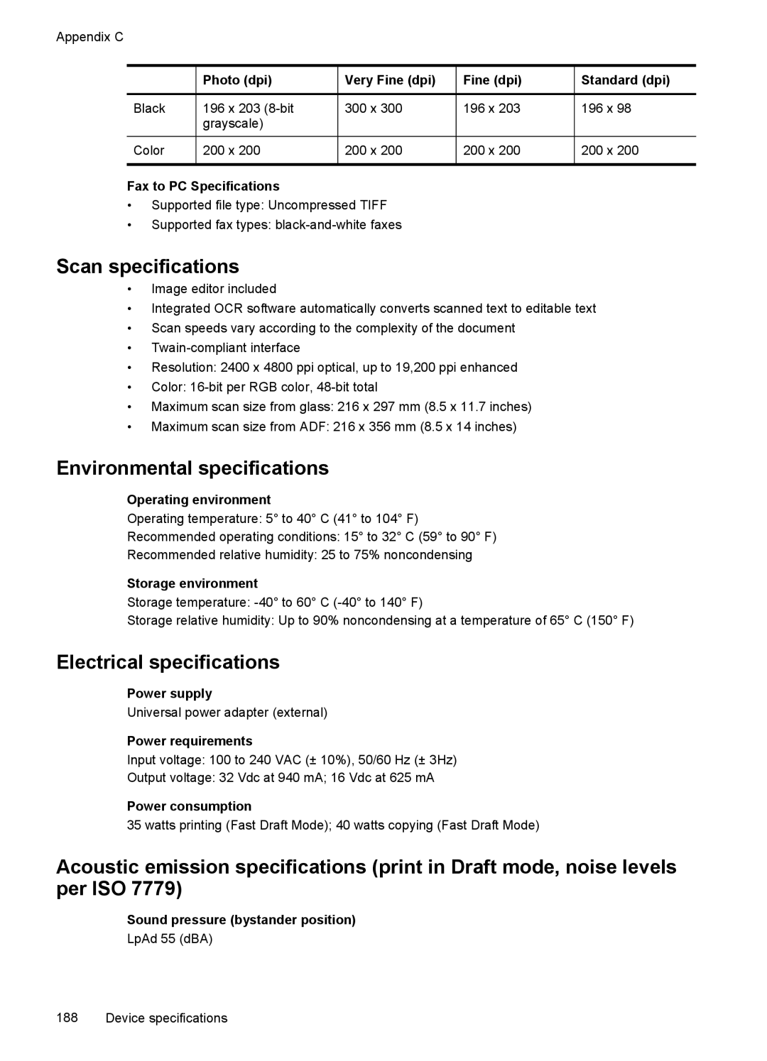 HP J6400 manual Scan specifications, Environmental specifications, Electrical specifications 