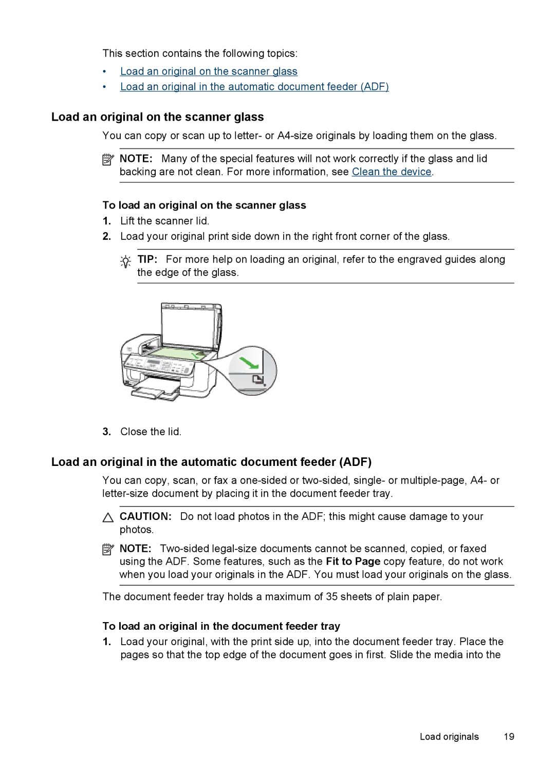 HP J6400 manual Load an original on the scanner glass, Load an original in the automatic document feeder ADF 