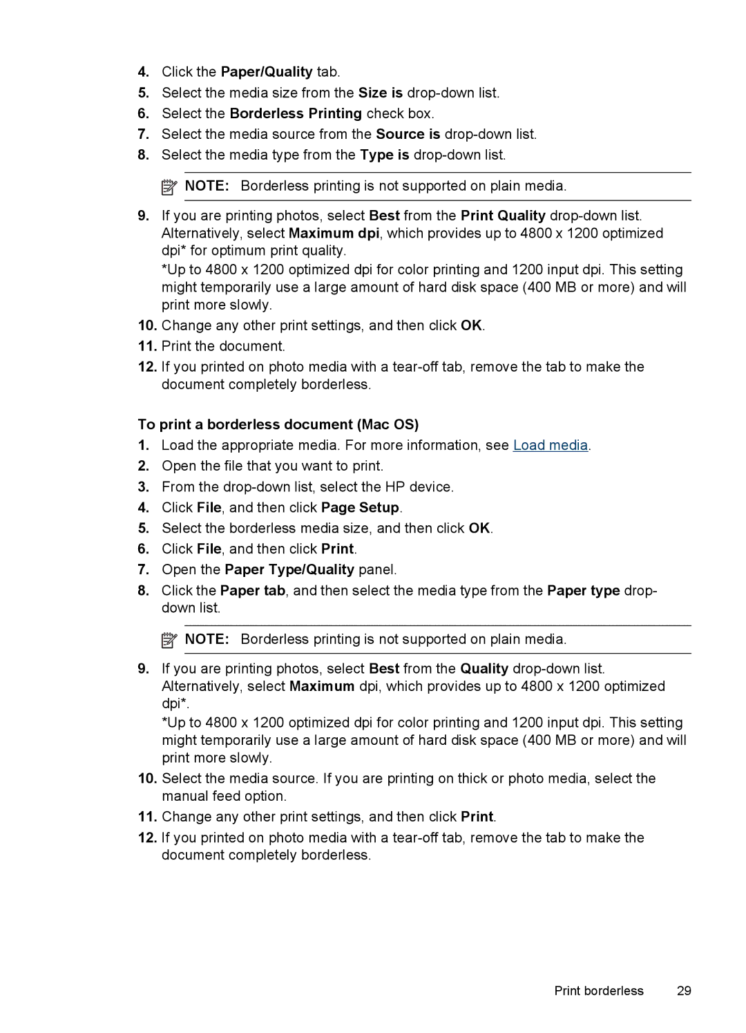 HP J6400 manual To print a borderless document Mac OS, Open the Paper Type/Quality panel 