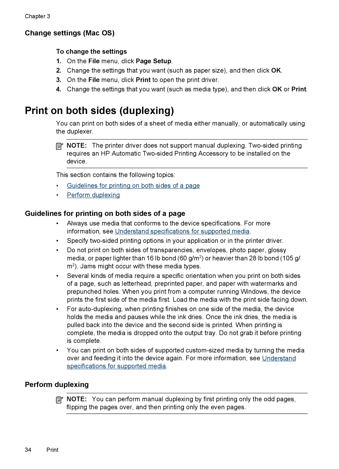 HP J6400 manual Print on both sides duplexing, Change settings Mac OS, Guidelines for printing on both sides of a 