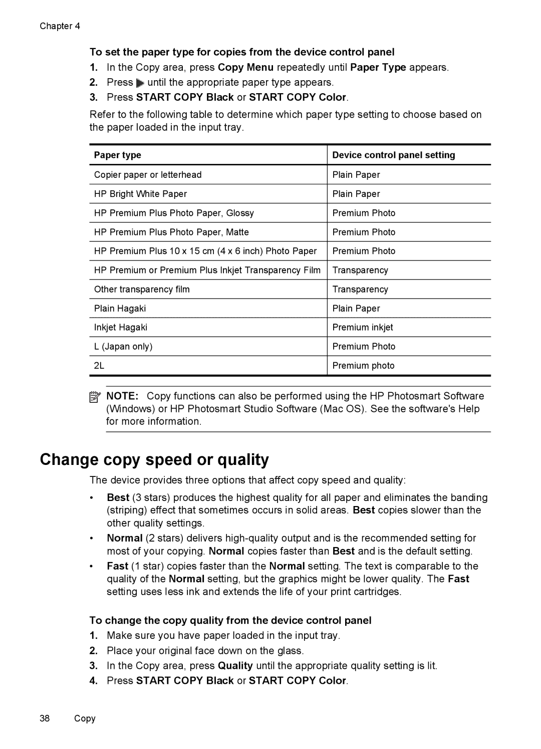 HP J6400 manual Change copy speed or quality, To change the copy quality from the device control panel 