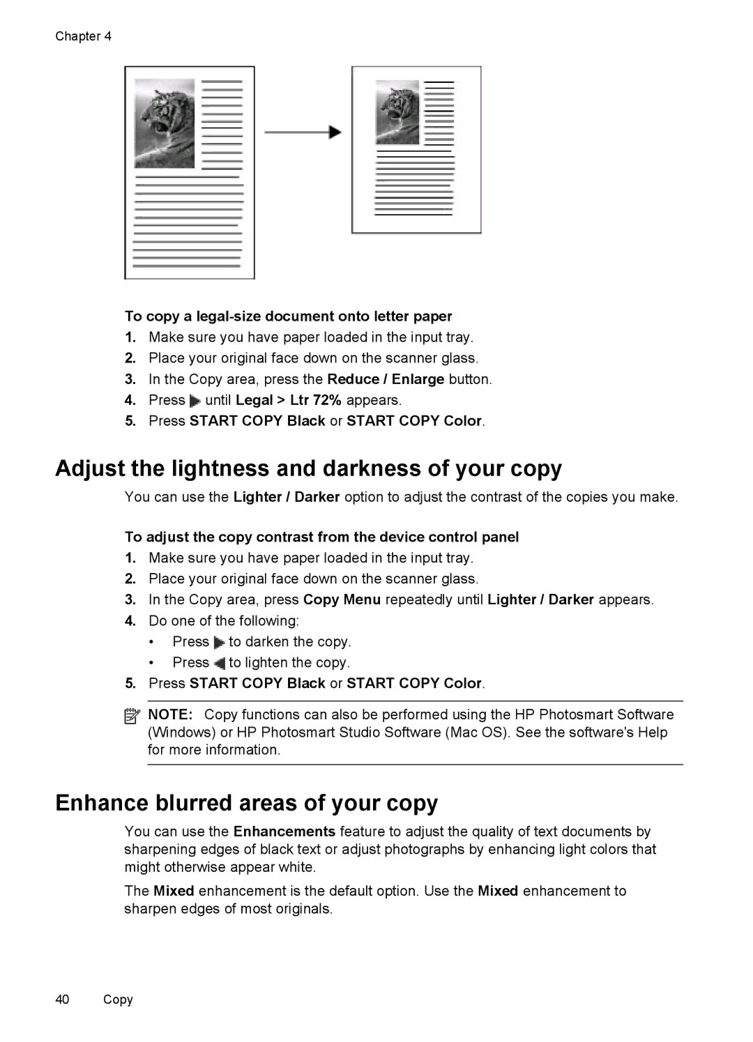 HP J6400 manual Adjust the lightness and darkness of your copy, Enhance blurred areas of your copy 