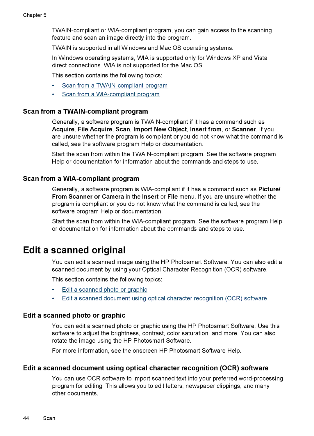 HP J6400 manual Edit a scanned original, Scan from a TWAIN-compliant program, Scan from a WIA-compliant program 