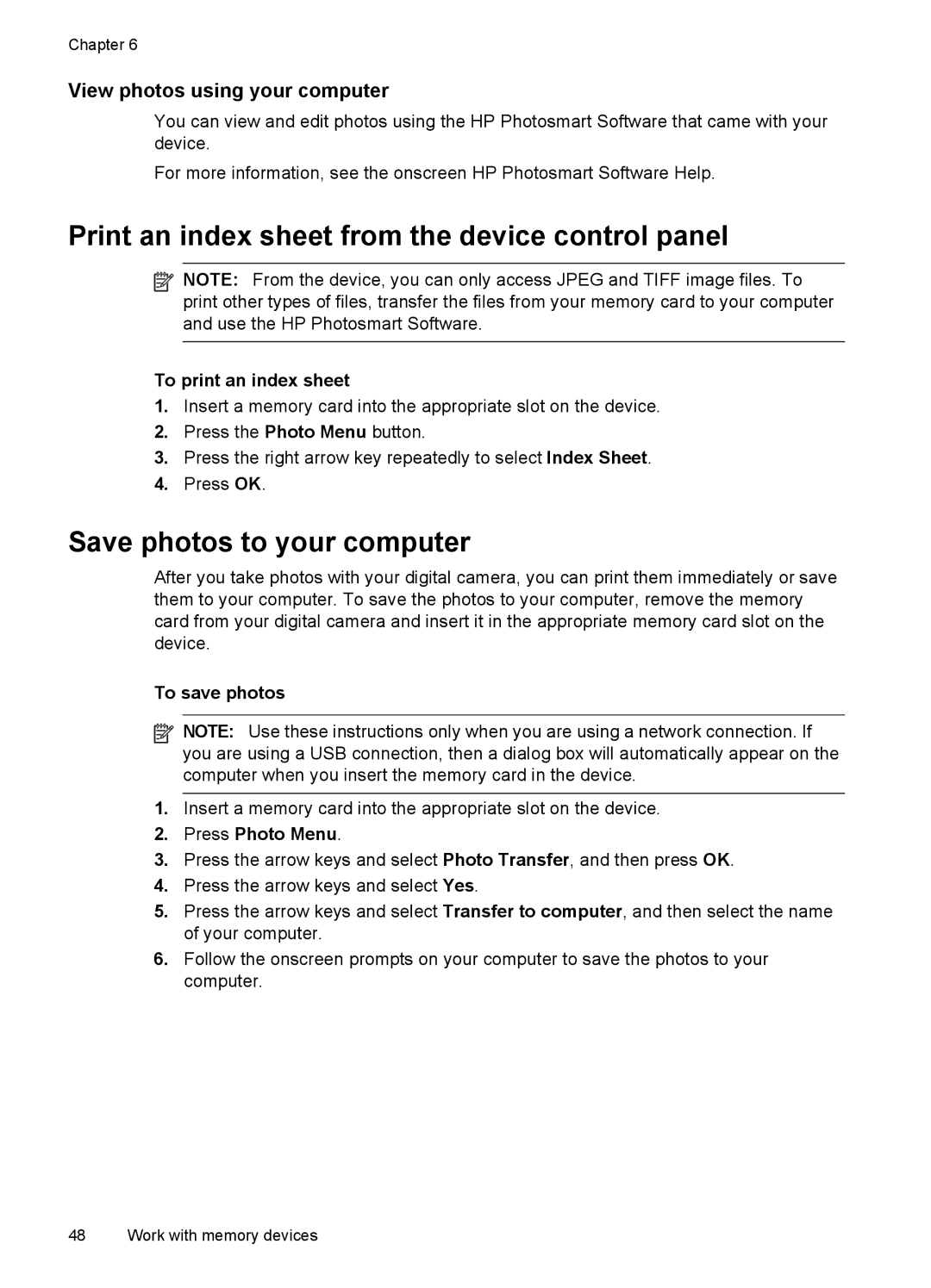 HP J6400 Print an index sheet from the device control panel, Save photos to your computer, View photos using your computer 