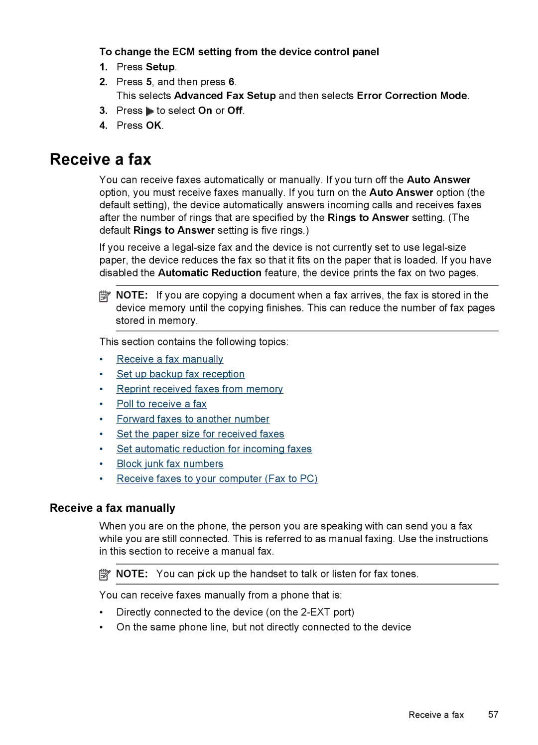 HP J6400 Receive a fax manually, To change the ECM setting from the device control panel 