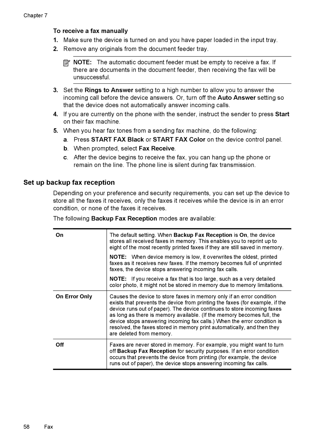 HP J6400 Set up backup fax reception, To receive a fax manually, On Error Only, Off 