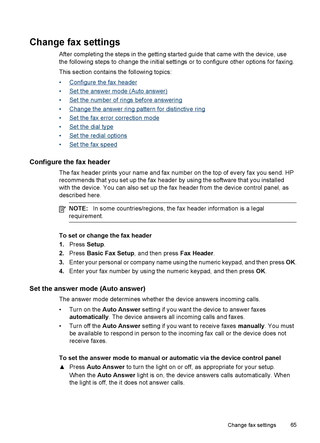 HP J6400 Change fax settings, Configure the fax header, Set the answer mode Auto answer, To set or change the fax header 