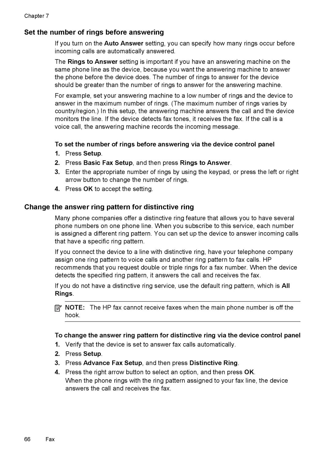 HP J6400 manual Set the number of rings before answering, Change the answer ring pattern for distinctive ring 