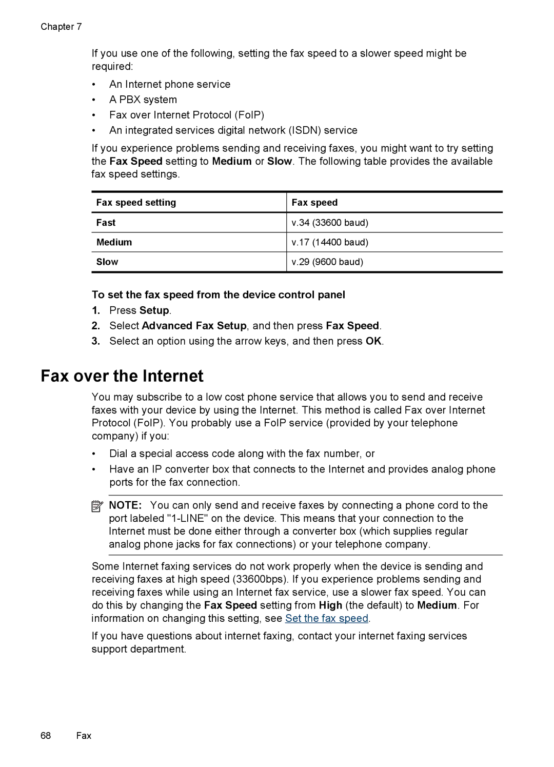 HP J6400 manual Fax over the Internet, To set the fax speed from the device control panel 