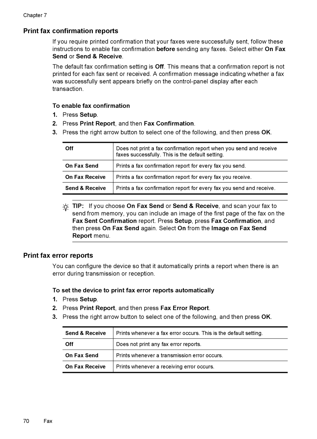 HP J6400 manual Print fax confirmation reports, Print fax error reports 