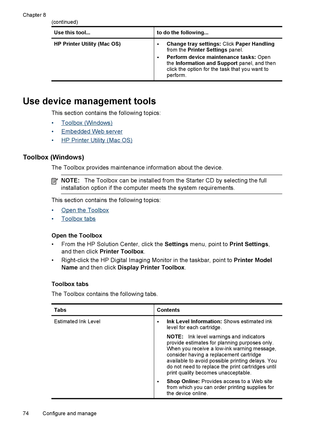 HP J6400 manual Use device management tools, Toolbox Windows, Open the Toolbox, Toolbox tabs 