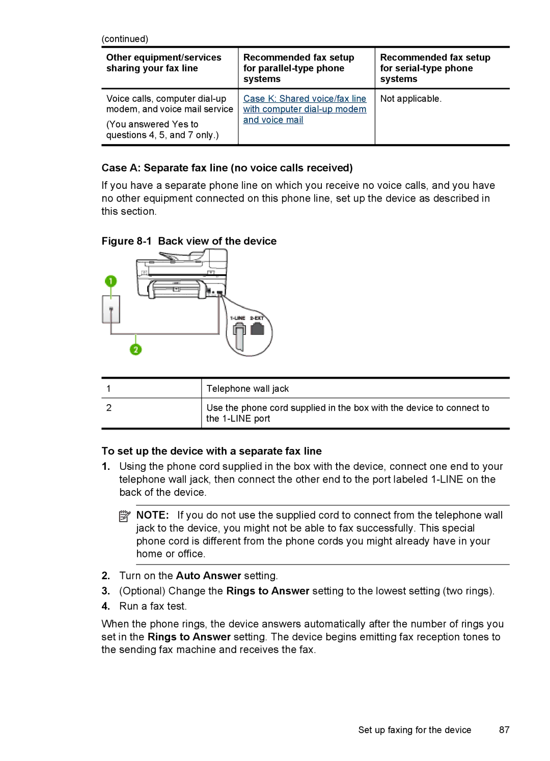 HP J6400 manual Case a Separate fax line no voice calls received, To set up the device with a separate fax line 