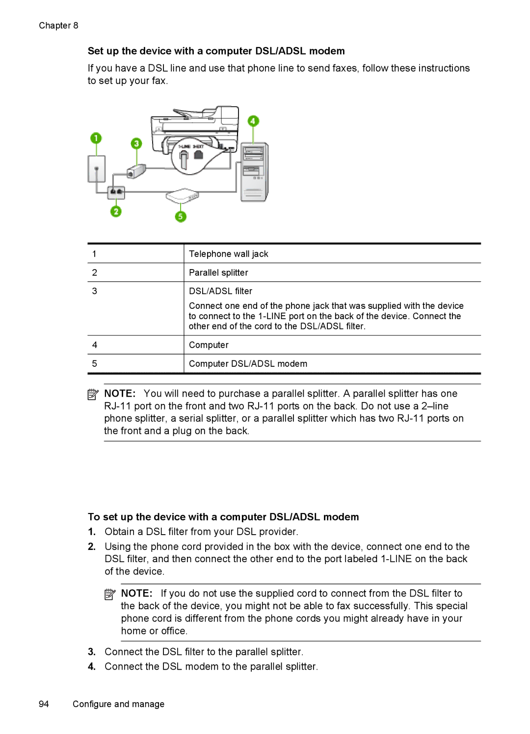 HP J6400 manual Set up the device with a computer DSL/ADSL modem, To set up the device with a computer DSL/ADSL modem 