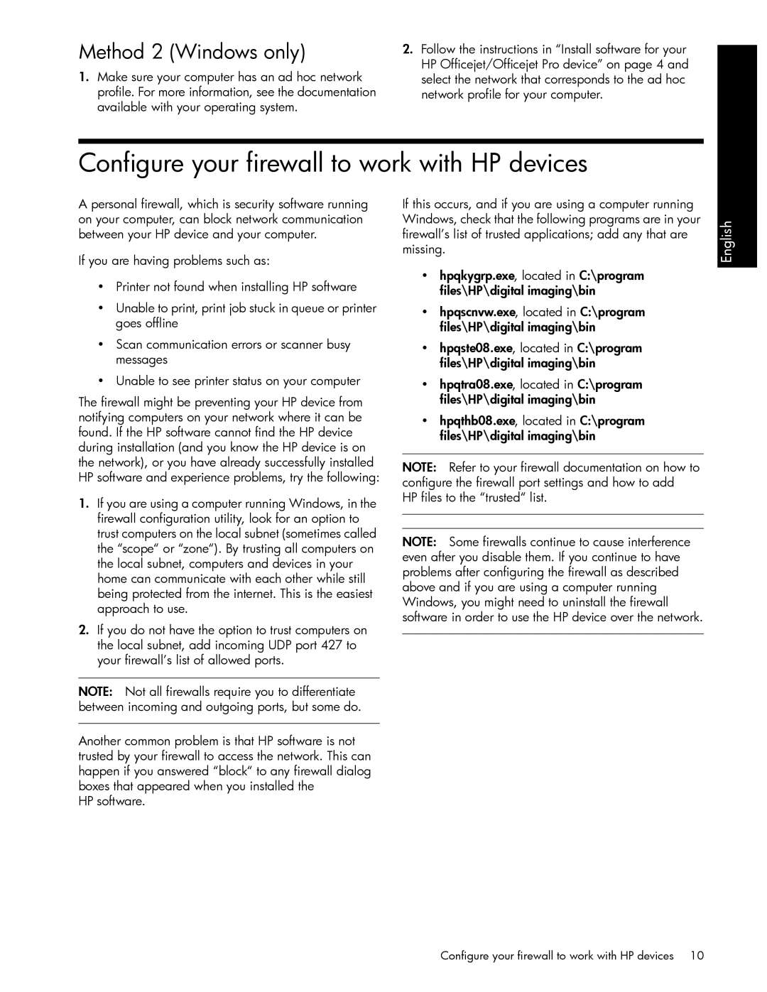 HP J6424 manual Configure your firewall to work with HP devices, Method 2 Windows only 