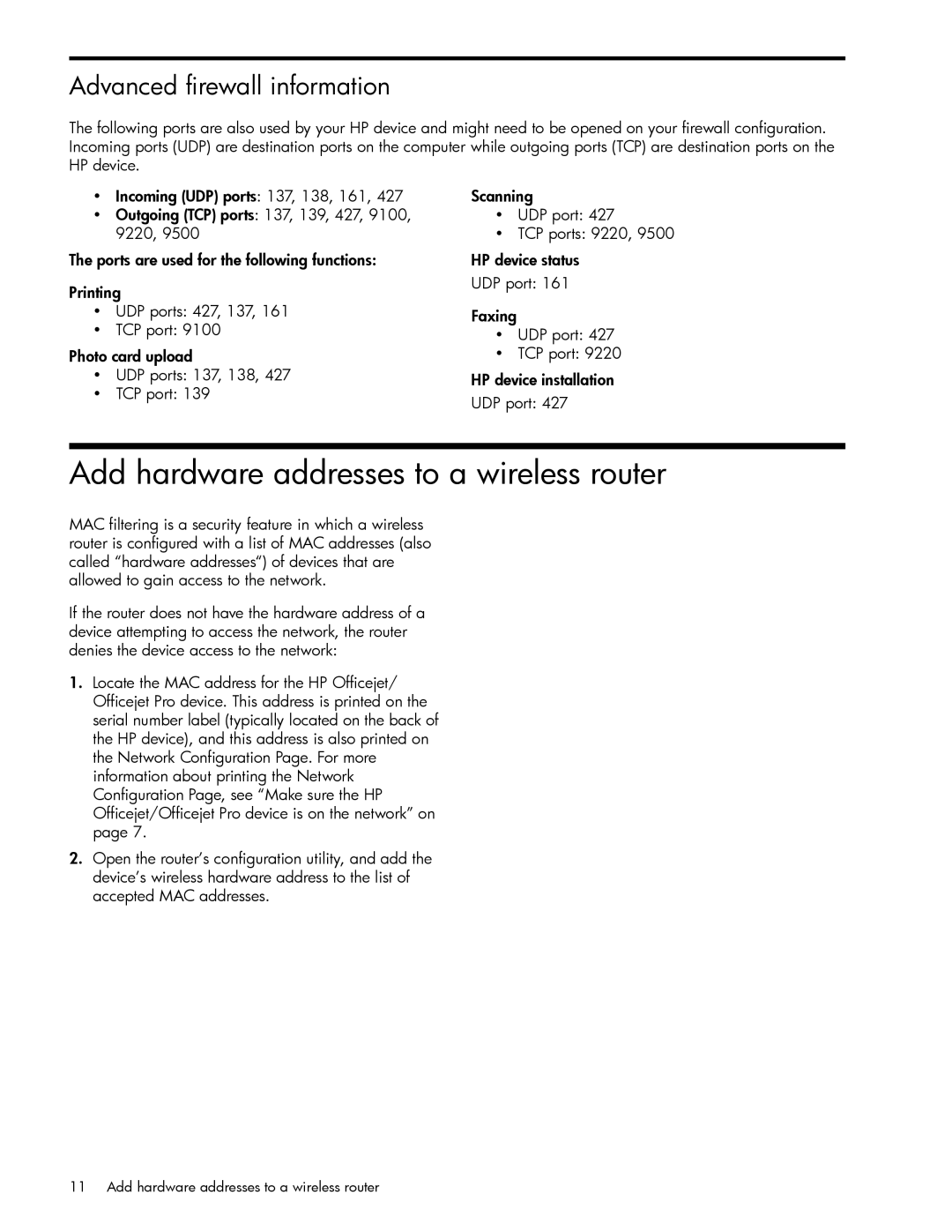 HP J6424 manual Add hardware addresses to a wireless router, Advanced firewall information 