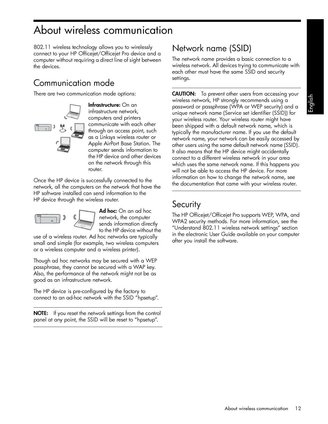 HP J6424 manual About wireless communication, Communication mode, Network name Ssid, Security 