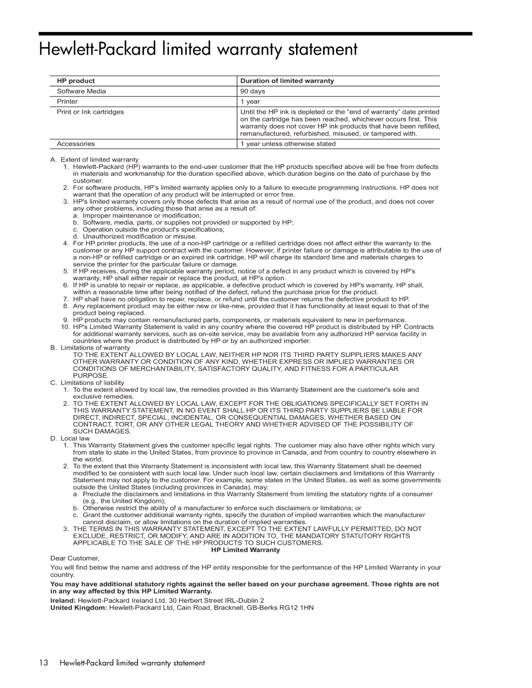 HP J6424 manual Hewlett-Packard limited warranty statement, HP product Duration of limited warranty 