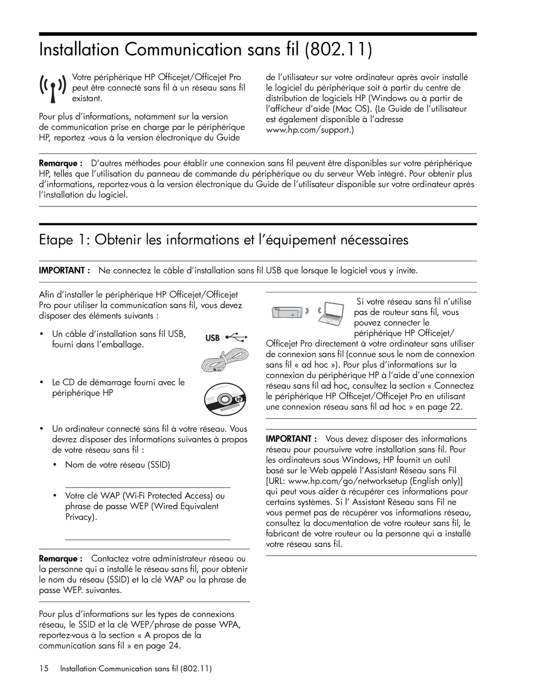 HP J6424 manual Installation Communication sans fil, Etape 1 Obtenir les informations et l’équipement nécessaires 