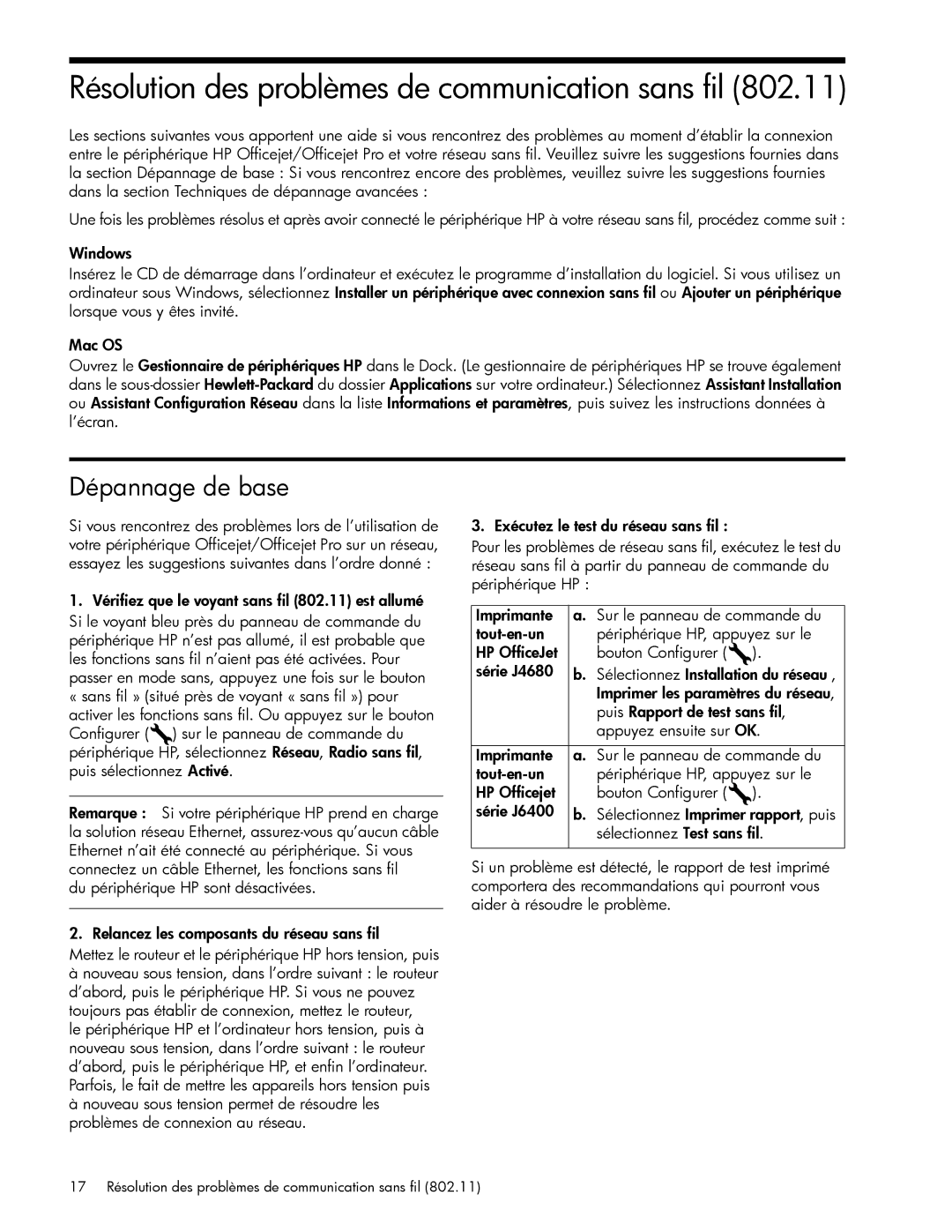 HP J6424 manual Résolution des problèmes de communication sans fil, Dépannage de base 