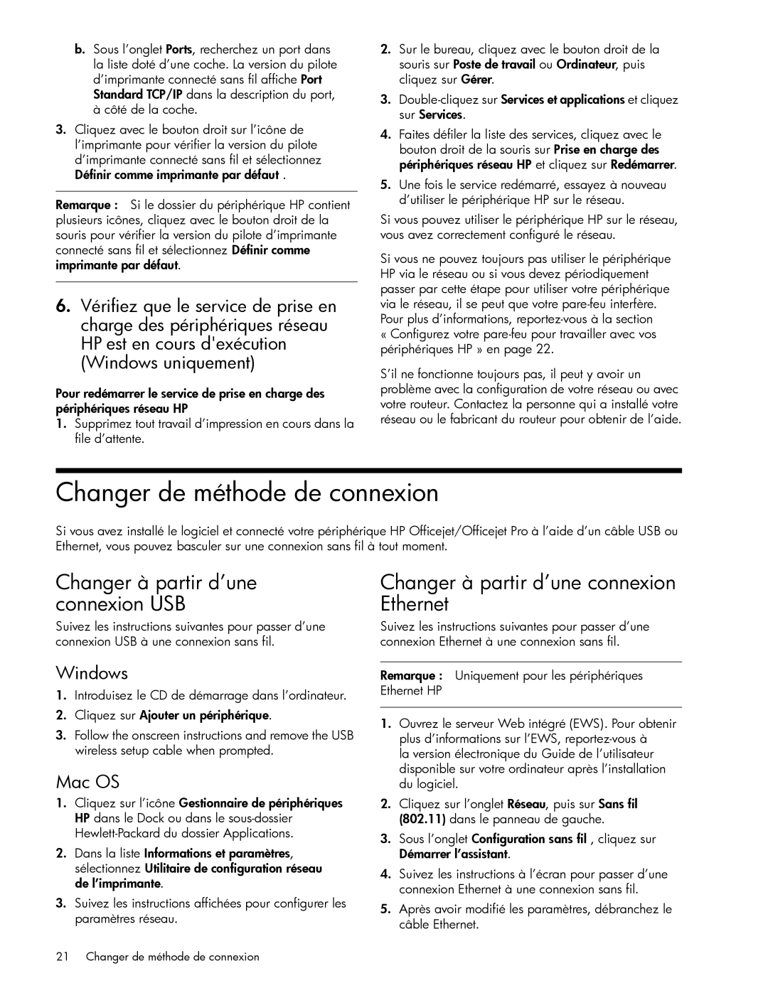 HP J6424 Changer de méthode de connexion, Changer à partir d’une connexion USB, Changer à partir d’une connexion Ethernet 