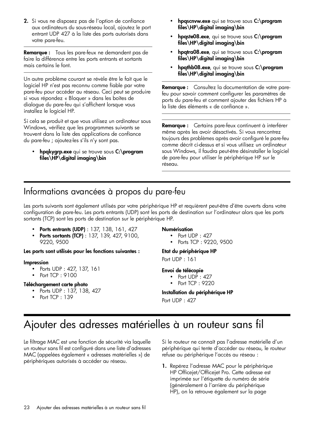 HP J6424 manual Ajouter des adresses matérielles à un routeur sans fil, Informations avancées à propos du pare-feu 