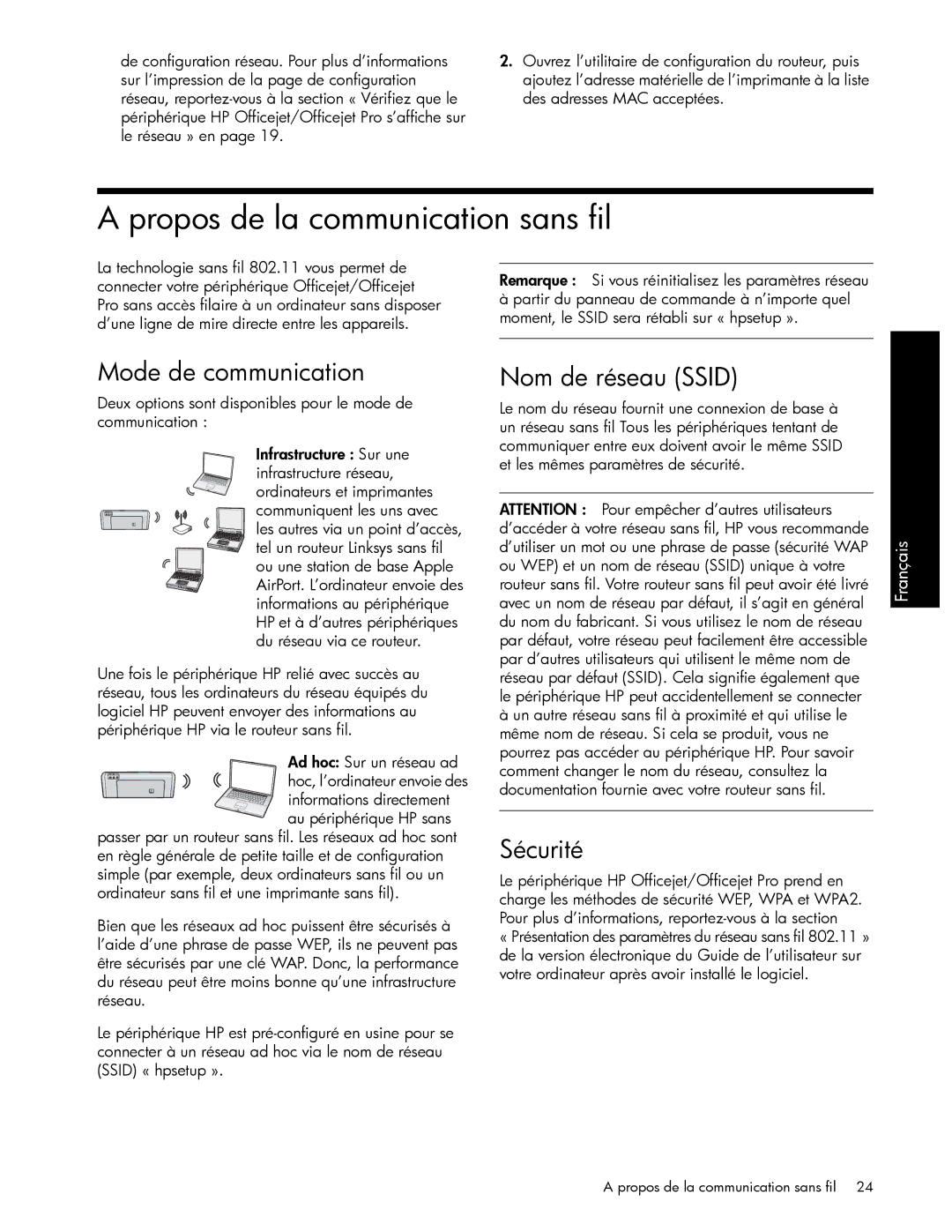 HP J6424 manual Propos de la communication sans fil, Mode de communication, Nom de réseau Ssid, Sécurité 