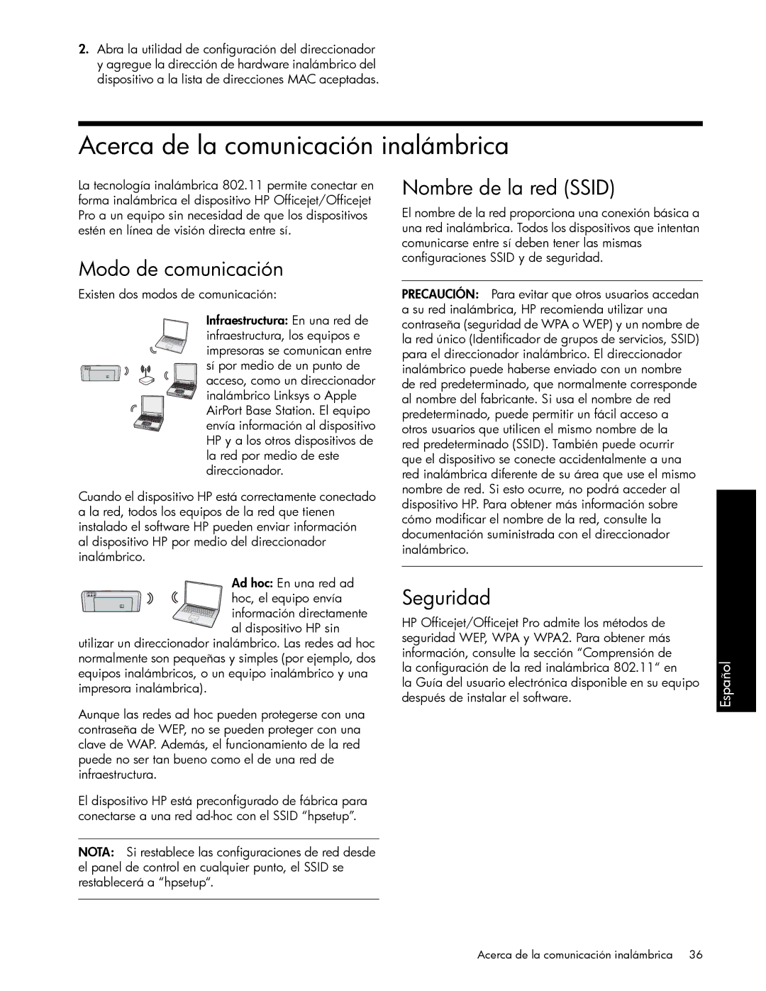 HP J6424 manual Acerca de la comunicación inalámbrica, Modo de comunicación, Nombre de la red Ssid, Seguridad 