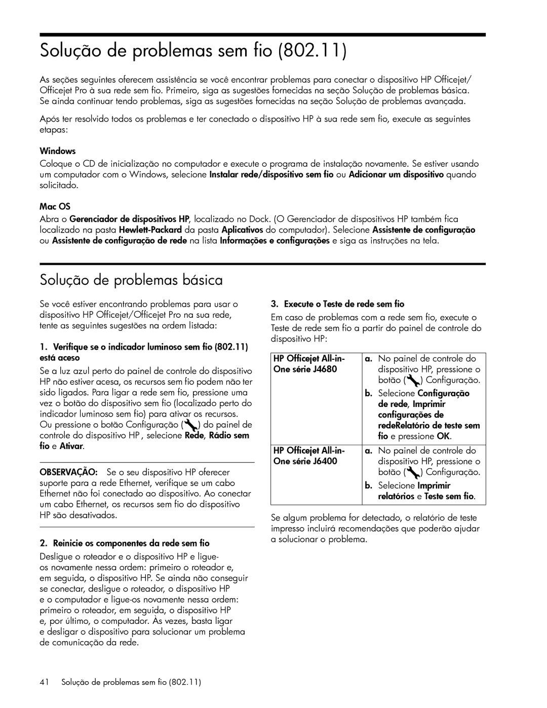 HP J6424 manual Solução de problemas sem fio, Solução de problemas básica 