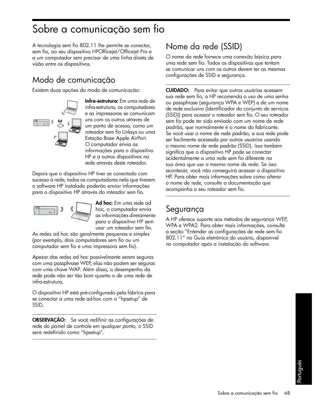 HP J6424 manual Sobre a comunicação sem fio, Modo de comunicação Nome da rede Ssid, Segurança 