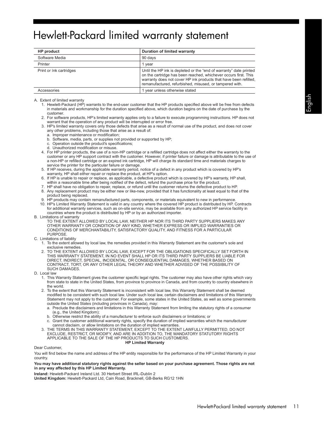 HP J4680c, J6480, J6413, J4660, J4580, J4540, J4550 manual Hewlett-Packard limited warranty statement 