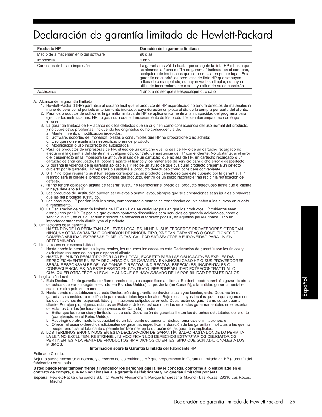 HP J4580, J6480, J6413, J4680c, J4660, J4540, J4550 manual Declaración de garantía limitada de Hewlett-Packard 