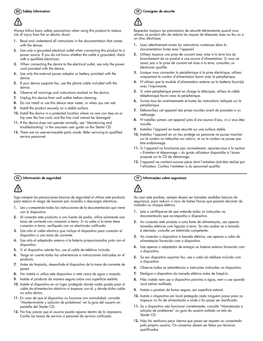 HP J4550, J6480, J6413, J4680c, J4660, J4580, J4540 manual EN Safety Information 