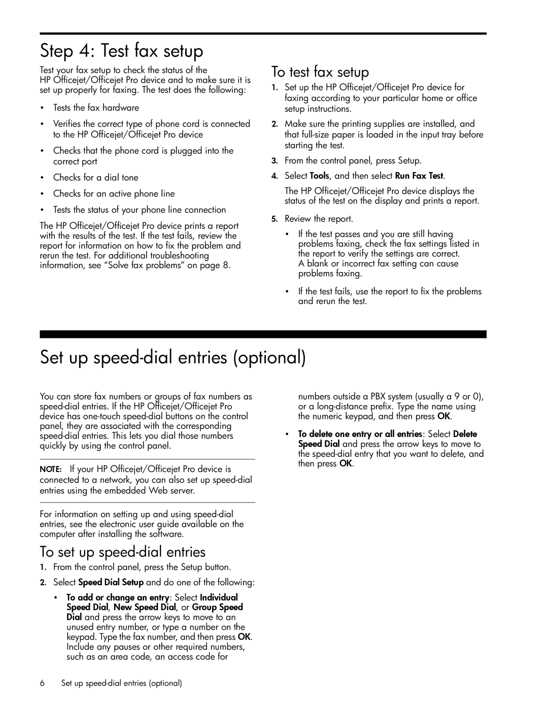 HP J4540, J6480, J6413 Test fax setup, Set up speed-dial entries optional, To test fax setup, To set up speed-dial entries 