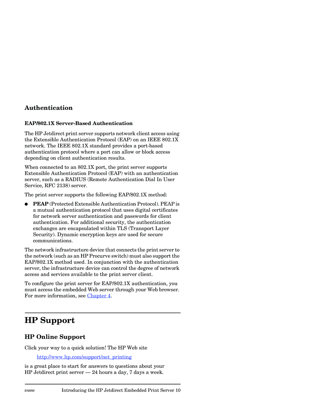 HP J7949E manual HP Support, HP Online Support, EAP/802.1X Server-Based Authentication 