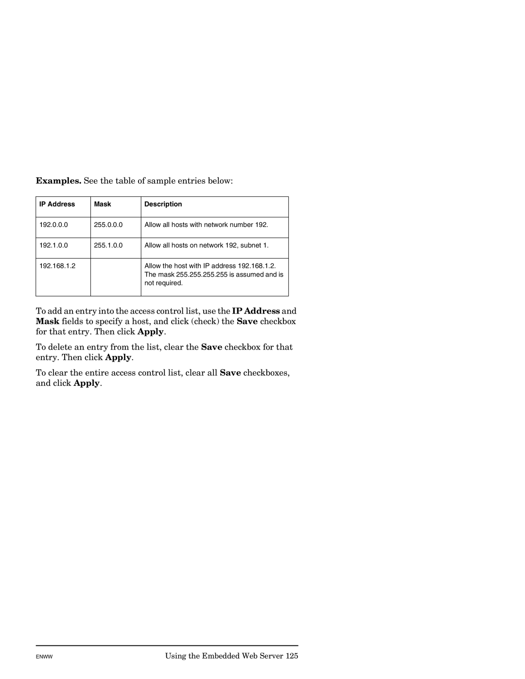 HP J7949E manual Examples. See the table of sample entries below, IP Address Mask Description 