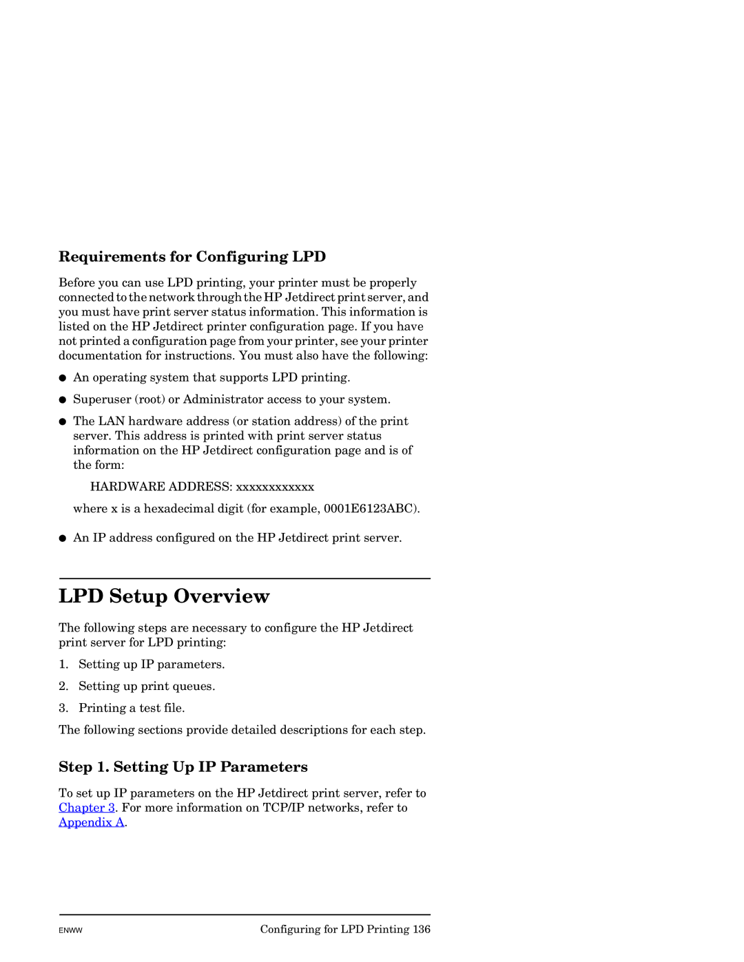 HP J7949E manual LPD Setup Overview, Requirements for Configuring LPD, Setting Up IP Parameters 