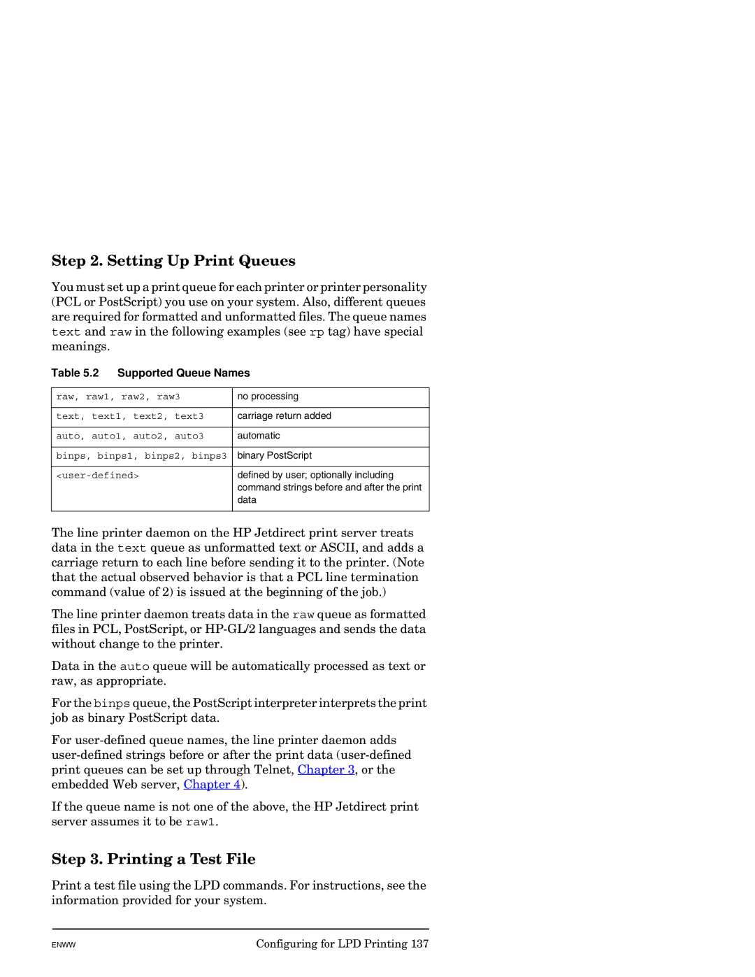 HP J7949E manual Setting Up Print Queues, Printing a Test File, Supported Queue Names 